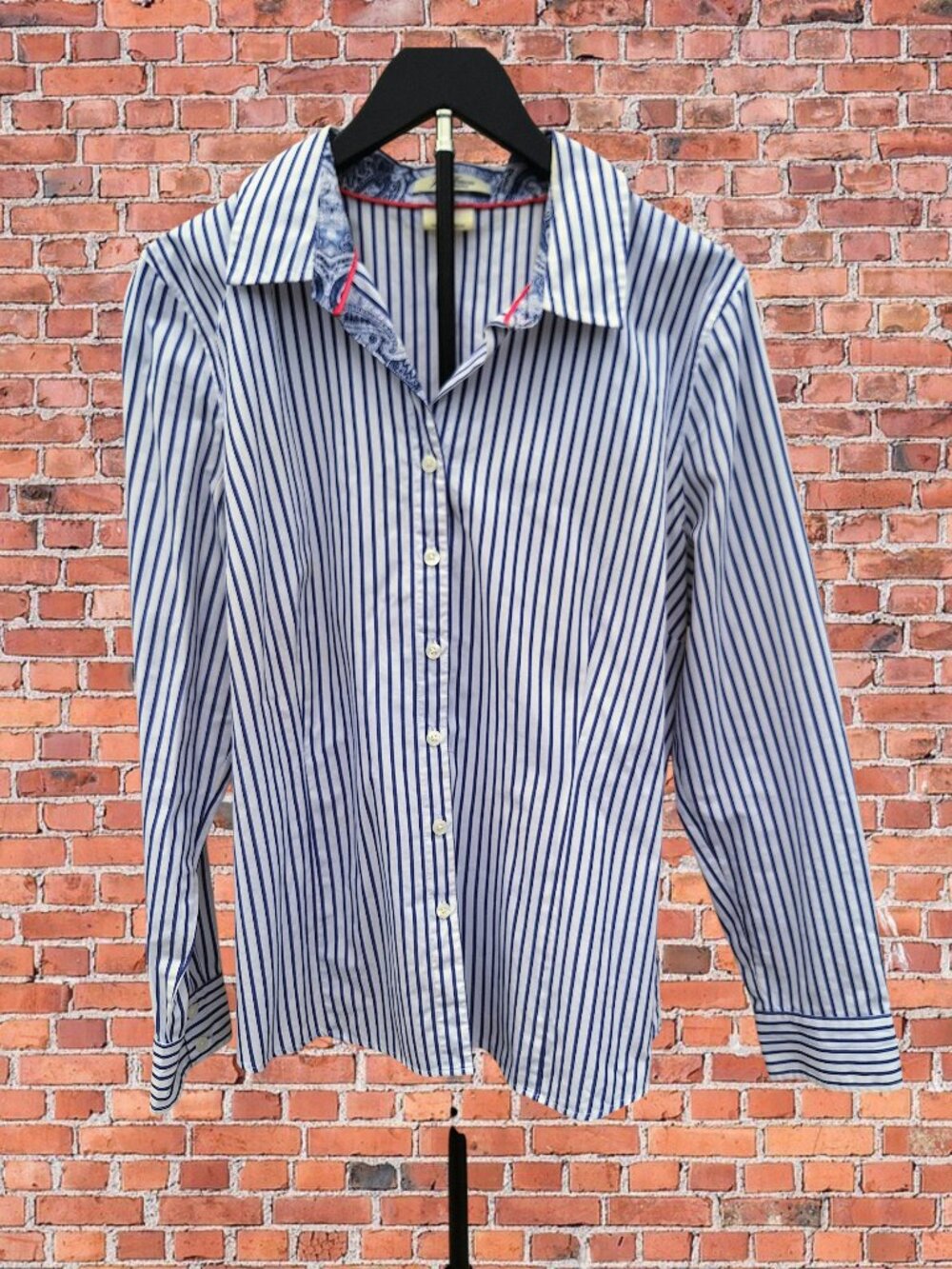 Van Heusen Blue White Vertical Striped Button Down Blouse Top Work Office Sz XL